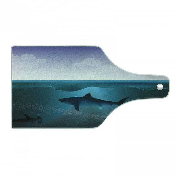 Underwater Cutting Board, Wild Sharks Swimming in Sea Atlantic Ocean Peace Clouds Marine Design, Tempered Glass Cutting and Serving Board, Wine Bottle Shape, Violet Petrol Blue, by Ambesonne
