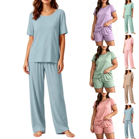 Byworldtasic Women's Short Sleeve Pajama Set Round Neck Loose Top Wide Leg Pants 2 Piece Loungewear Soft Casual Sleepwear