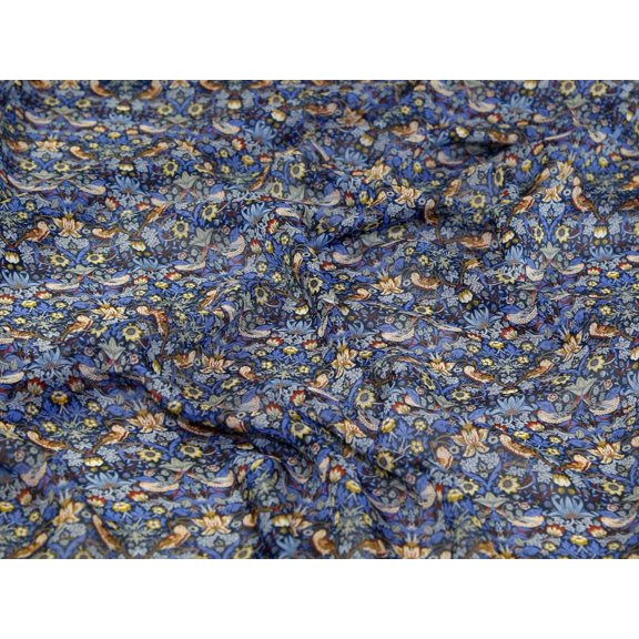 Liberty London Strawberry Thief II Regent Silk Sheer Chiffon Fabric, Blue Bird Print for Dressmaking, 53" Wide, By the Yard
