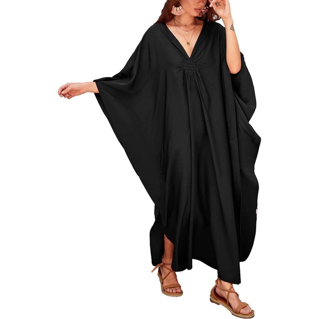 Kaftan Vestidos para Mujer de Gasa de Floral Impresión Caftán Traje de Baño Tallas Grandes Larga Playa Cover up Negro Negro Xishao ropa