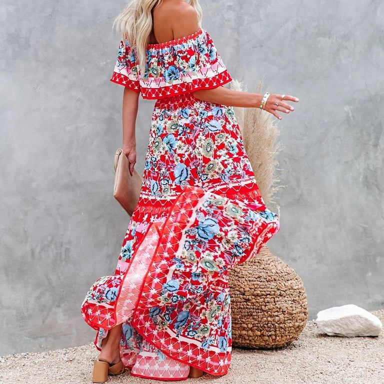 Deals of the Day Jovati Womens Summer Plus Size Off The Shoulder Ruffle Casual Party Formal Dresses Side Split Beach Boho Hawaiian Flowy Maxi Dress on