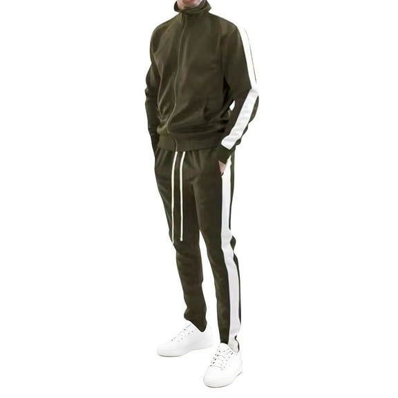 Men Full Zip Track Suit Set with Stand Collar Long Sleeve Jacket and Drawstring Waist Pants with Side Stripes Design