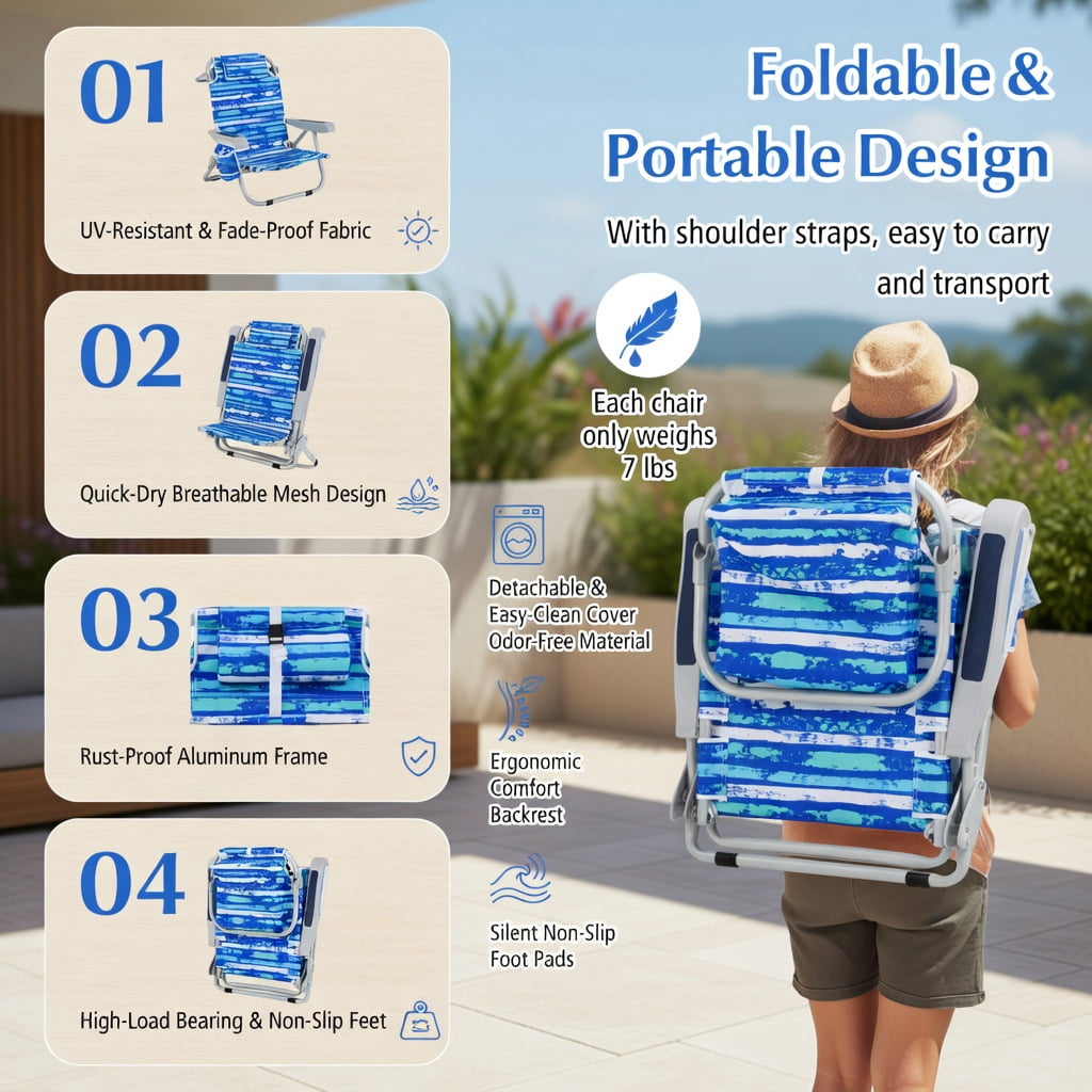 Hommoo 2-Pack Foldable Beach Chair with Cup Holder, Adjustable Backrest & Storage Pockets, Lightweight Aluminum Frame, Waterproof 600D Oxford Fabric, Navy