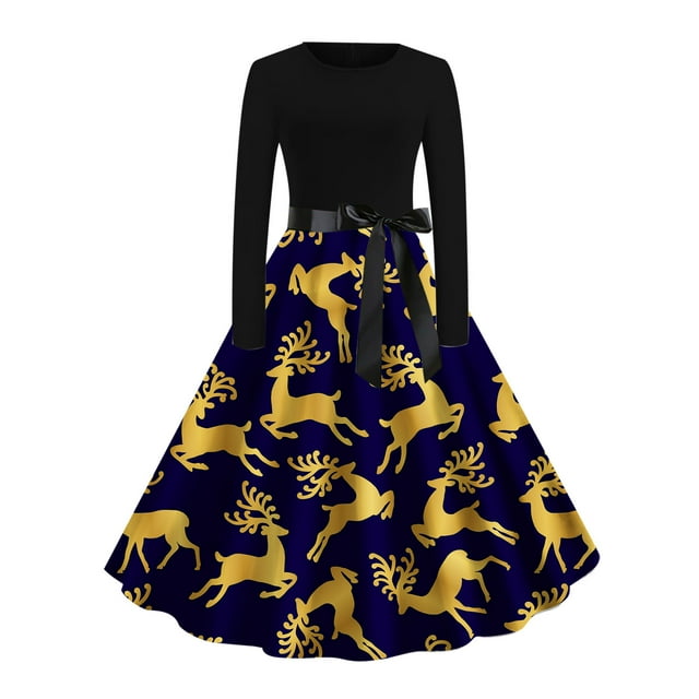 EGNMCR Robes de Soirée pour Femmes, Robes Formelles pour Femmes, Robes de Cocktail pour Femmes Robe de Noël Imprimée à Col Rond à Manches Longues Grande Robe de Mode Robe Femme Robe