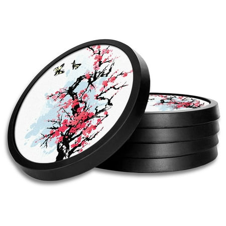 

Silicone Non-Slip Drink Coasters with Removable Printed Absorbent Felt Pad - Set of 4 - Pink Cherry Blossoms and Butterflies