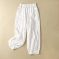 thumbnail image 2 of gbyLJF Womens Cotton Linen Pants Trendy Ruffle Trim Loose Fit Elastic Waist Pants Work Casual Pants with Pockets A01_White L, 2 of 4