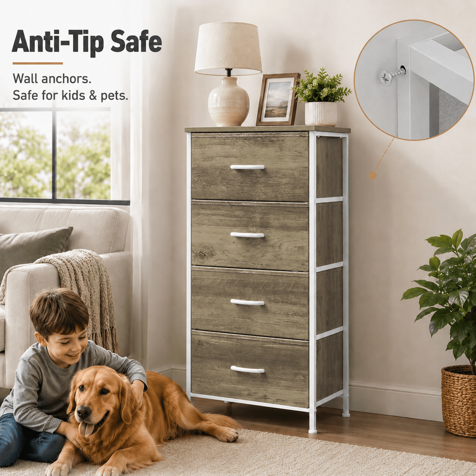 Alvantor Dresser for Bedroom with 4/5 Storage Drawers, Dressers Chest of Drawers Fabric Dresser with Sturdy Steel Frame, Wooden Top Cabinet Night Stand Dresser for Closet