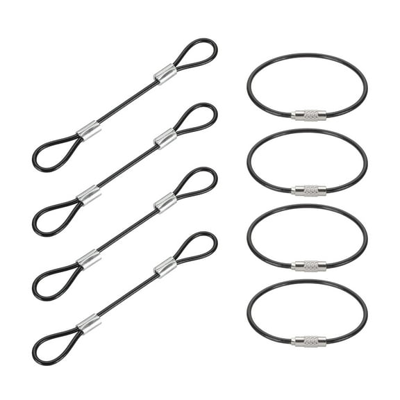 0.3Ft(4 Inch) Safety Cable Lock, 4 Pcs 0.08 Dia Braided Stainless Steel Coated Security Cable Luggage Lock Wire Rope with Double Loop for Luggage Bicycles Doors Packages, Black