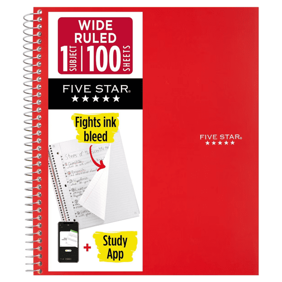 Five Star 1-Subject Spiral Notebook: 8 in. x 10-1/2 in. (Red) 05200-RD