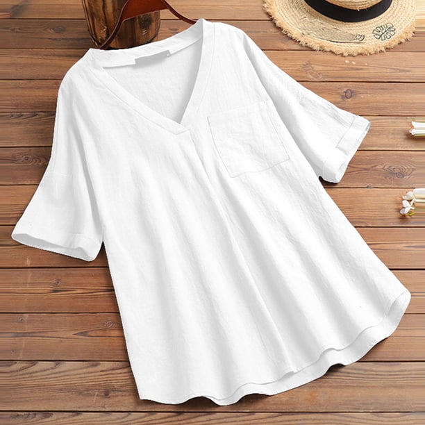 Fiudx Ofertas y Liquidaciones Moda Mujer Cuello Pico Verano Manga Corta Blusa Camiseta Casual Sólido Bolsillos Tops