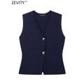 thumbnail image 3 of Zevity-para mujer, cárdigan sin mangas con cuello en V, chaleco de punto con botones dorados, suéter elegante de un solo pecho, Tops SW6250, 3 of 5
