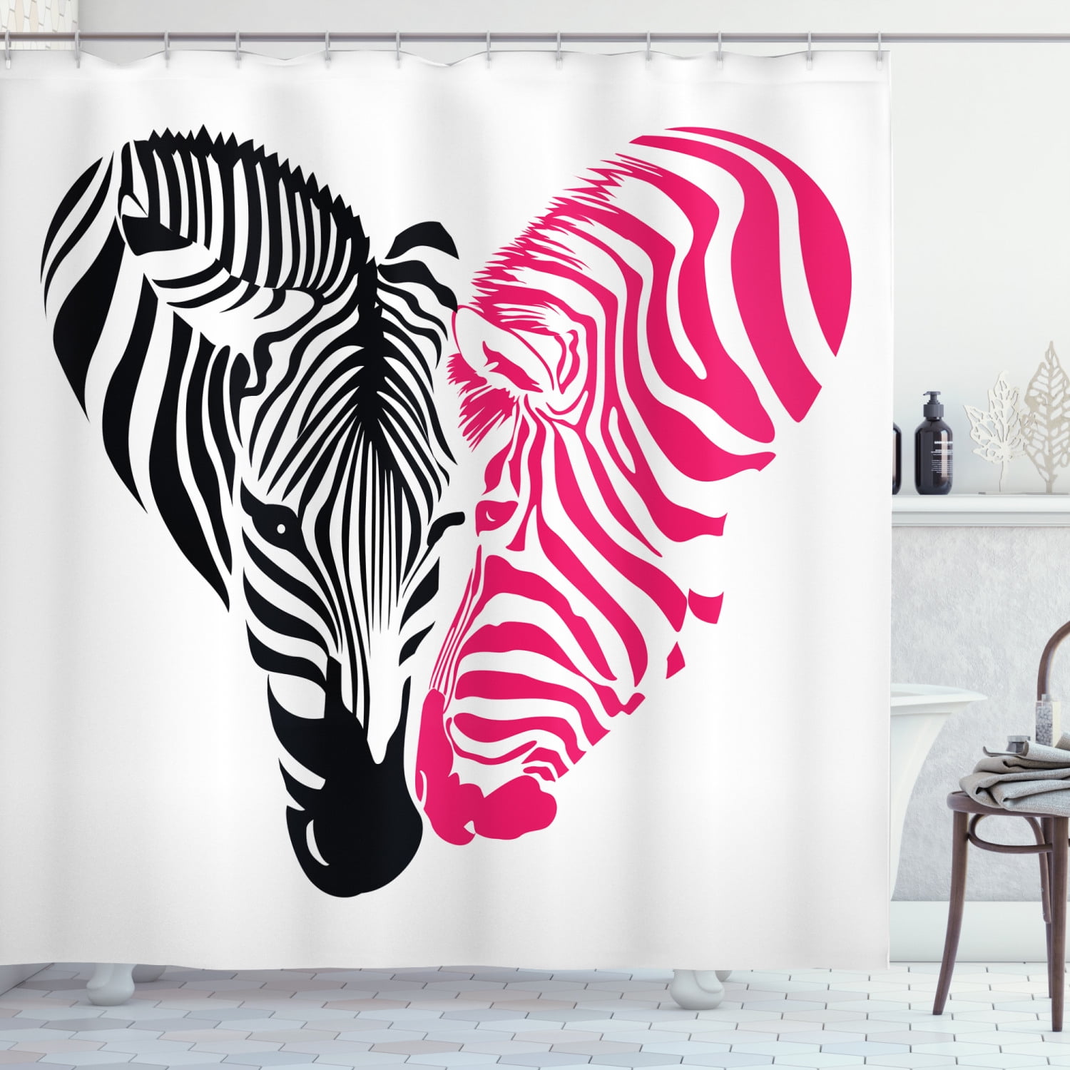 Pink Zebra Shower Curtain, African Zebra Couple Heads in the Shape of