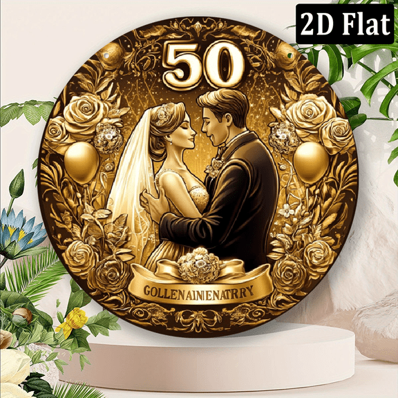 2D Flat 1pc Vintage Golden Wedding 50th Anniversary Metal Wall Sign - 80x80 inch Round Art Decor, Romantic Fifty Years of Love with Floral Accents, Perfect for Home, Office, or Cafe Decor