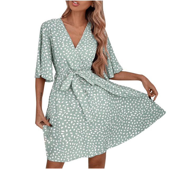 Vestidos Para Mujer Vestidos Casuales de Moda Correas de Manga Corta Con Cuello en V Vestido Estampado Odeerbi ODB165019