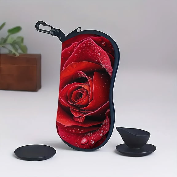 Crimson Rose Blossom Print Neoprene Eyeglass Case,Ultra Lightweight Softshell Design with Padded Protection Zipper Closure Compact Travel Accessory