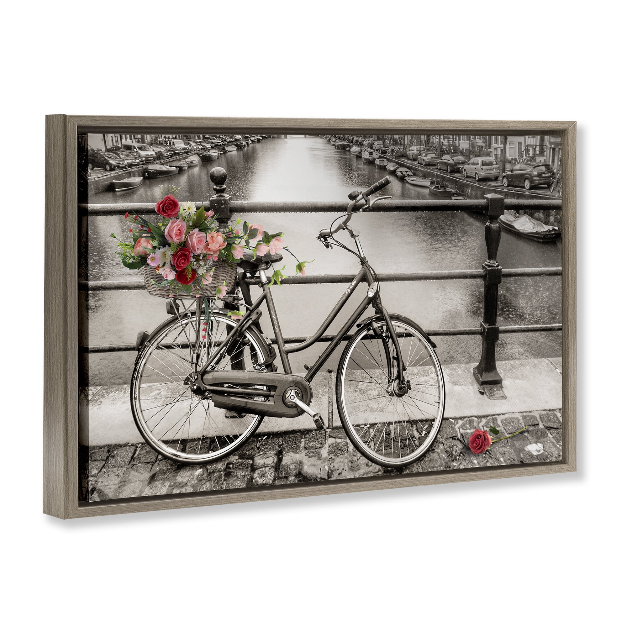 Stupell Industries Rose Filled Bike over Canal Transportation Painting Brown Floater Framed Canvas Art Print Wall Art, 31 x 21