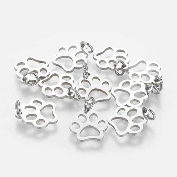 50pc Resistant Silver Pendants Dog Paw Prints Stainless Steel Color 13x12x1mm Hole: 4mm