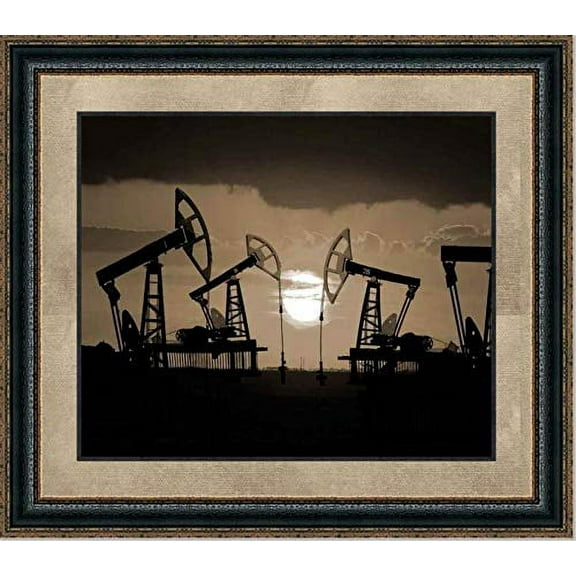 Pump Jack at Dawn | Framed Oil and Gas Art in Double Mat | 16L X 19W" Inches