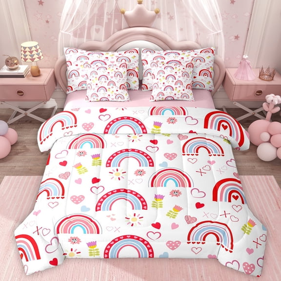 Homewish Cute Cartoon Rainbow 7-Piece Twin Bedding Sets,Colorful Tulip Flower Bedding Comforter Set,Multicolor Graffiti Loves Print Sheet Sets For Girls Kids,Microfiber Bedroom Decor Reversible