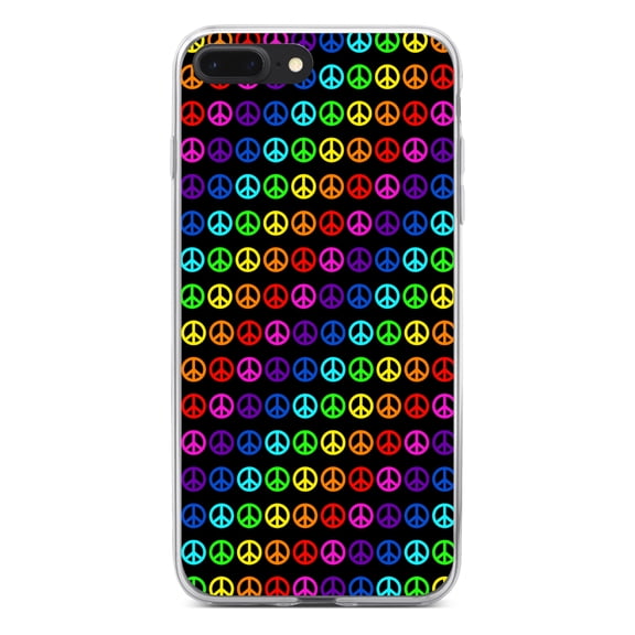 DistinctInk Clear Shockproof Hybrid Case for iPhone 7 PLUS / 8 PLUS (5.5" Screen) - TPU Bumper, Acrylic Back, Tempered Glass Screen Protector - Black Rainbow Peace Signs