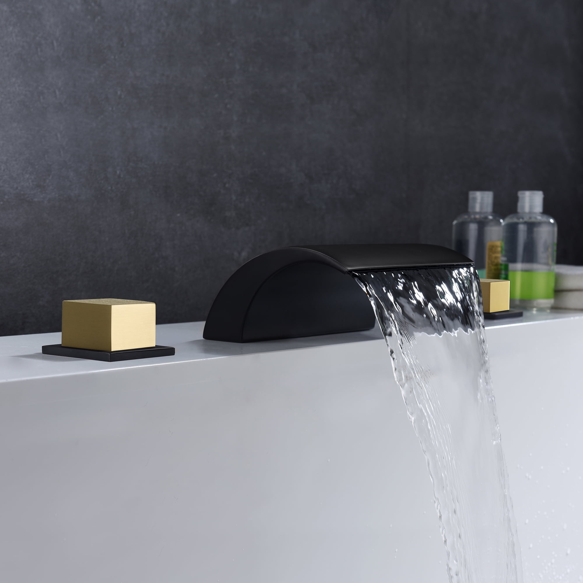 SUMERAIN Roman Bathtub Faucet 3 Hole Deck Mount High Flow Waterfall Tub Filler Black and Gold Finish