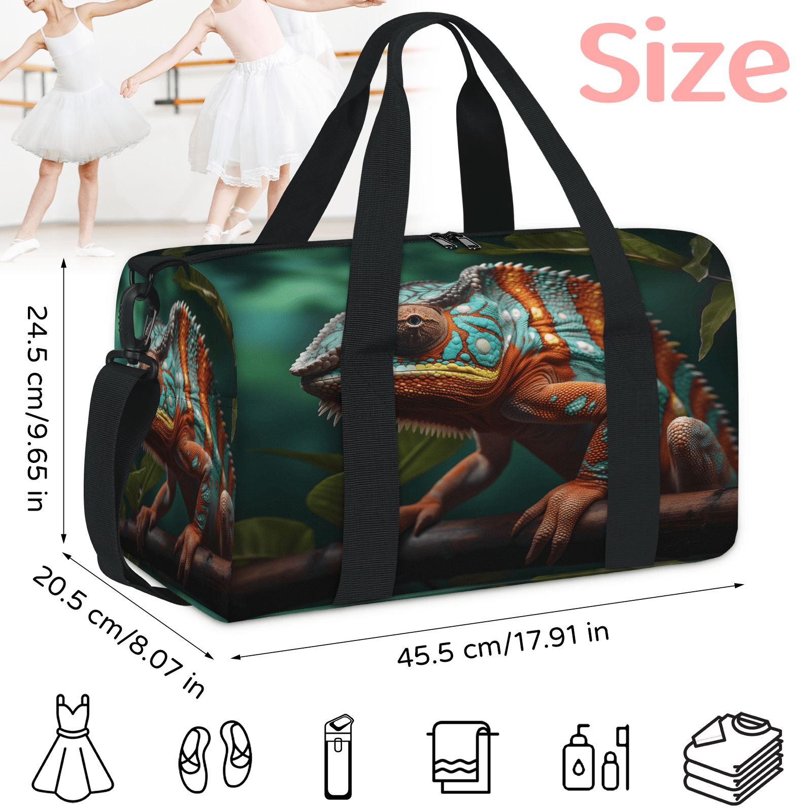 Herdesigns Jungle Lizard Gym Bag for Women, Duffle Bag for Travel Sport, Lightweight Waterproof Carry on Weekender Overnight Dance Yoga Workout Bags