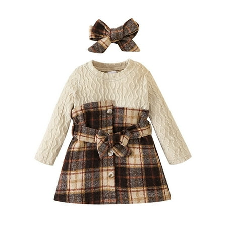 

Baby Girls Clothes Long Sleeve Patchwork Plaid Princess Dress With Headbands Outfits Set 2PCS