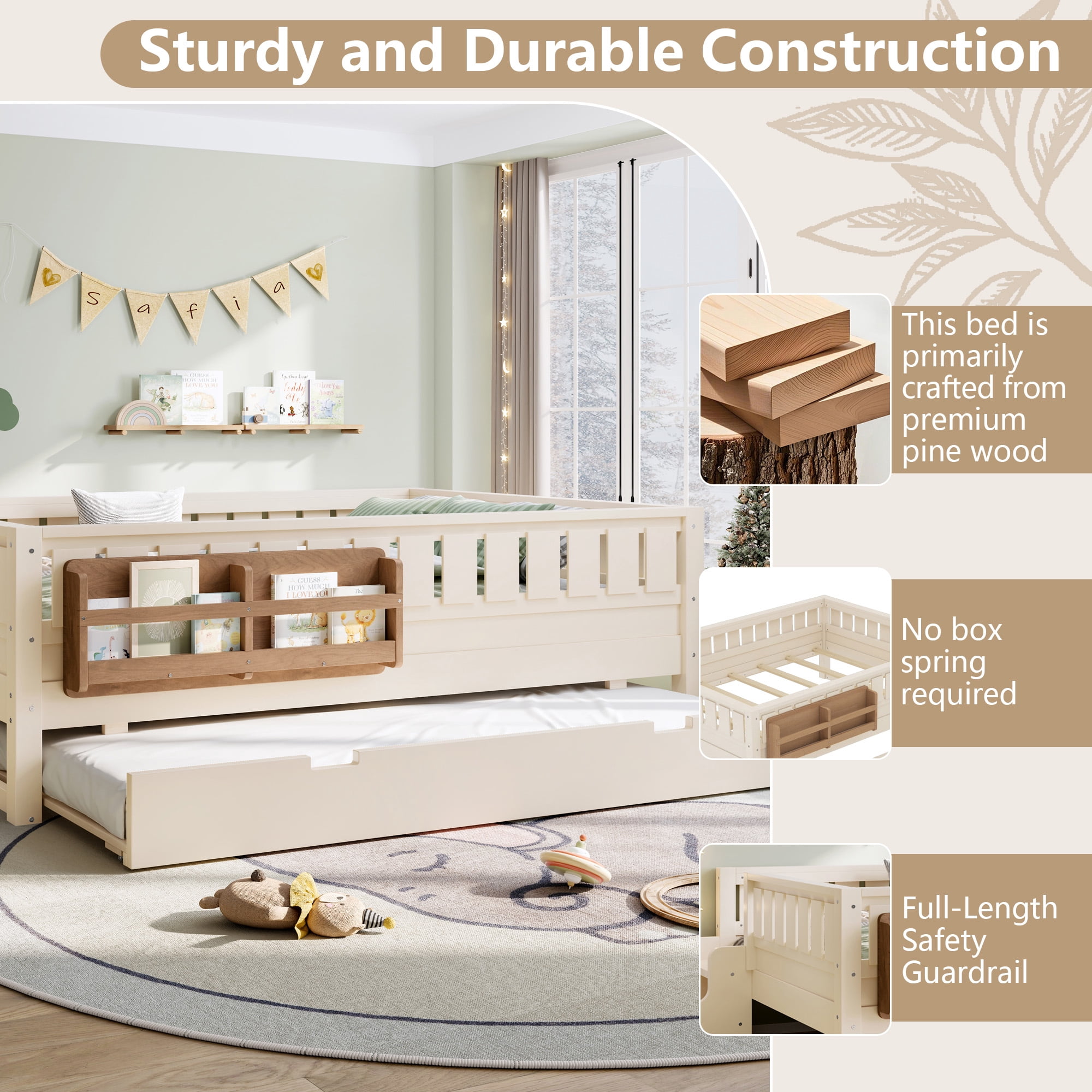 Full Bed with Bookshelf and Trundle 79.1 Inch, Solid Wood Frame with Staircase and Safety Rails, Space-Saving Kids Bed with Storage, Beige