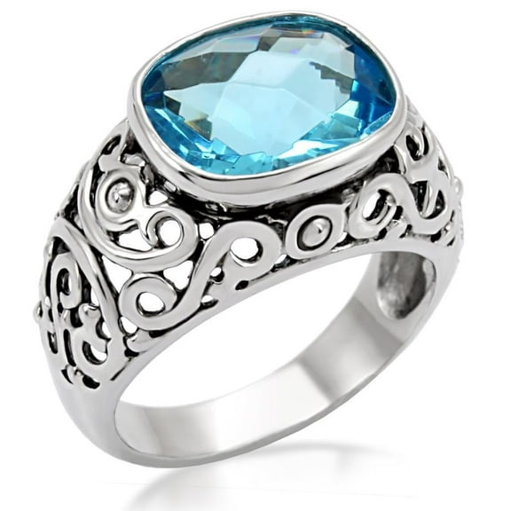 Womans Silver Aquamarine Ring High polished (no plating) 316L Stainless Steel Ring with Glass in Sea Blue TK020