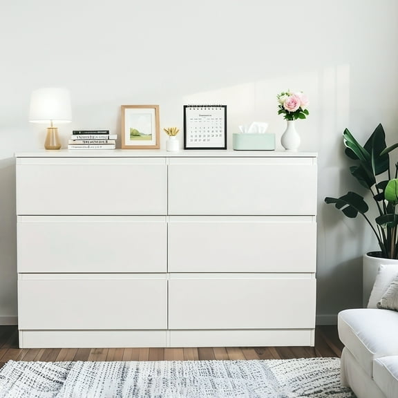 6 Drawer White Dresser, Modern Dresser for Bedroom with Spacious Countertop, Wood Storage Cabinet with Concealed Handles & 6 Deep Drawers for Bedroom, Living Room,Entryway,15.7" D x 47.2" W x 30.9" H