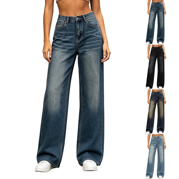 Sentuca Womens Jeans High Waisted Loose Denim Pants with Pockets Straight Leg Baggy Casual Trousers Sky Blue XXS
