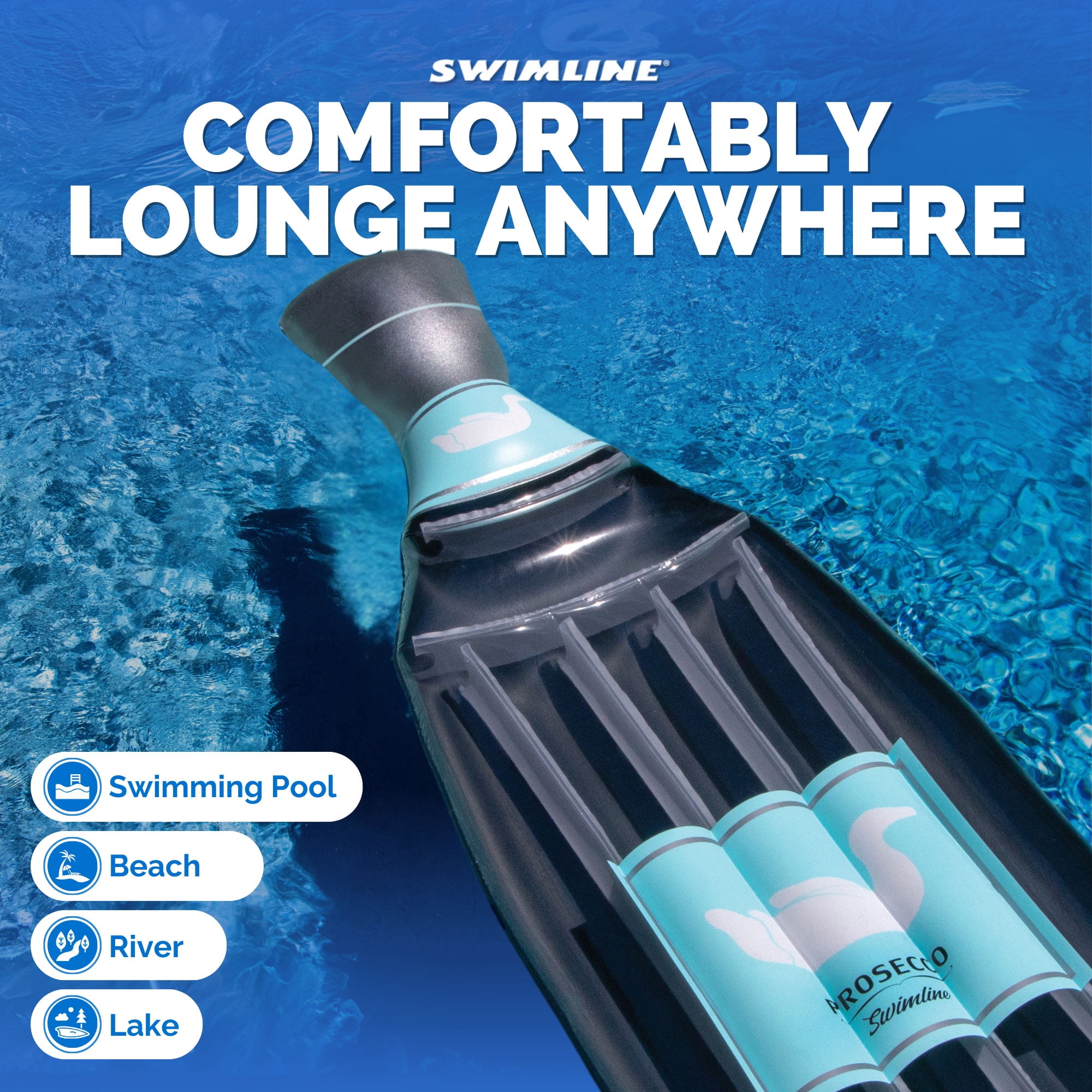 Swimline 90650 Giant 86" Inflatable Prosecco Bottle Pool Float or Lake Raft Lounger for 1 Person, Gray & Blue