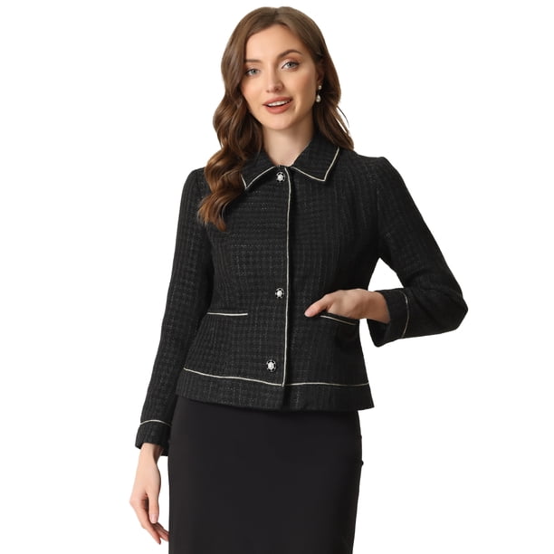 Chaqueta de Tweed a Cuadros para Mujer de Manga Larga Vintage Outwear Blazer para Oficina Chaqueta Corta Negro M