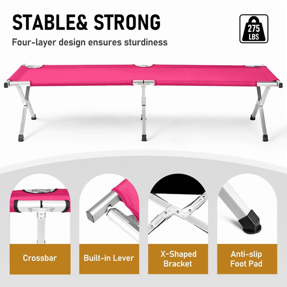 Alvantor Single Folding Camping Cot for Adults, 74 x 28 x 18 in, Aluminum Frame, Oxford Fabric, Carry Bag, Pink