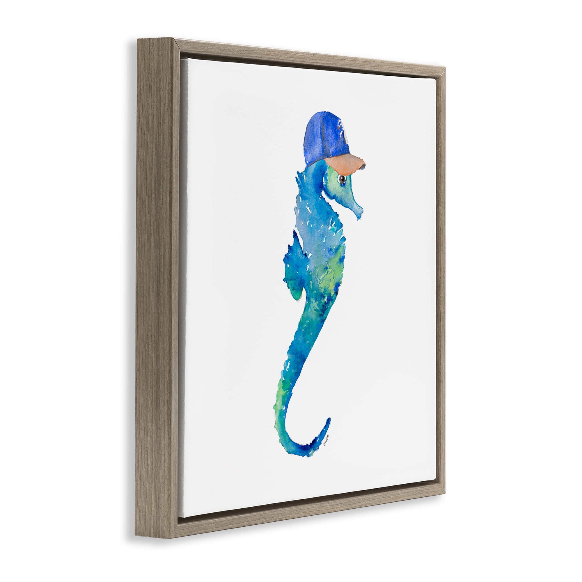 Stupell Industries Blue Seahorse in Hat Novelty Painting Brown Floater Framed Canvas Art Print Wall Art, 25 x 25