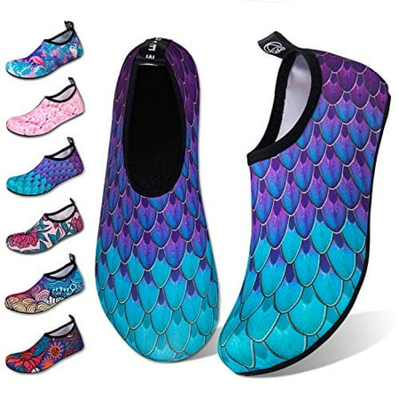 

Water Shoes for Womens Mens Barefoot Quick-Dry Aqua Socks for Beach Swim Surf Yoga Exercise New Translucent Color Soles (Fishscale-Bluegreen 34/35)