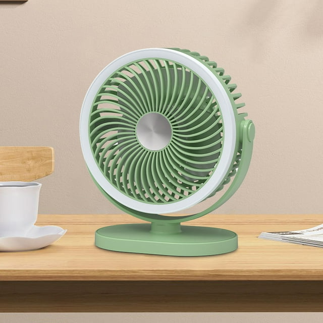 Ventilador de mesa pequeño con luz nocturna de escritorio para exteriores, recargable por USB, ideal para dormitorio o casa.