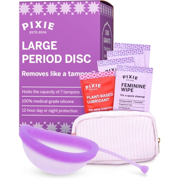 Pixie Menstrual Disc for Feminine Care - Ranked 1 for Best Tampon Alternative Period Disc - 100% Medical-Grade Silicone - Removes Like a Tampon - Wear 12 Hours - Capacity of 7 Tampons (Large)