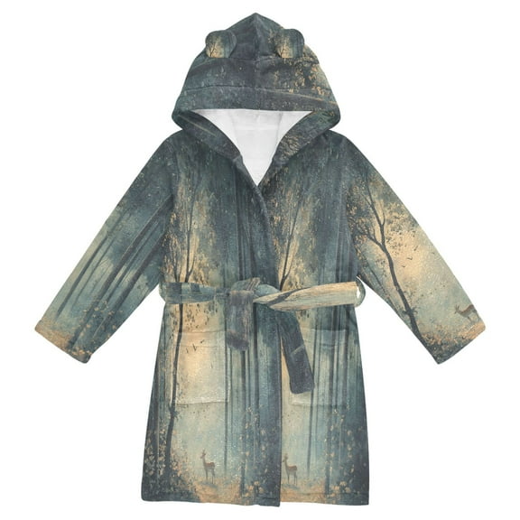 FORMRS Niños Bathrobe Unisex Hooded Robe Soft Plush Pajamas Sleepwear, Size 2-3T, Retro Forest