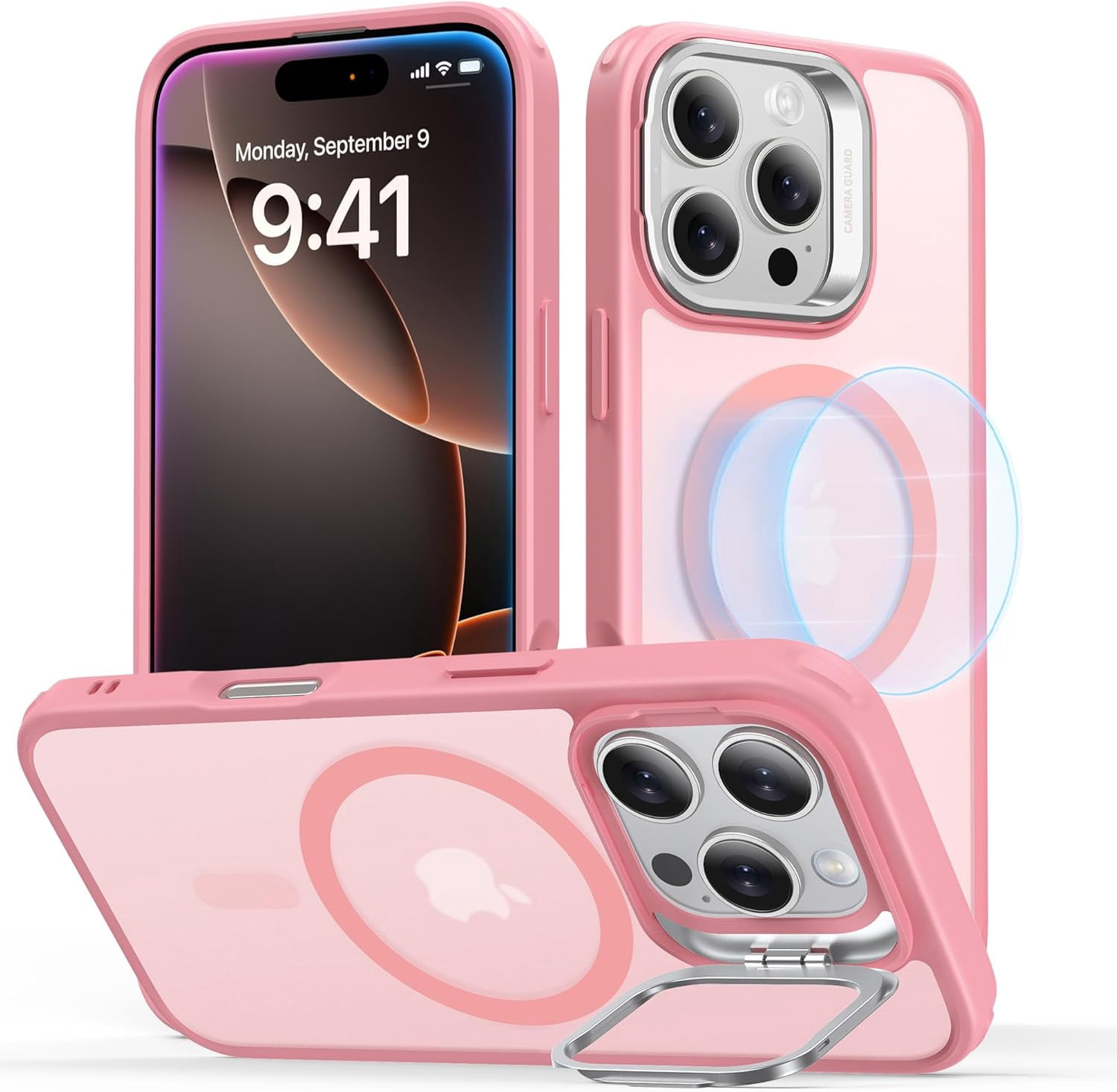 MHAWBL-for iPhone 16 Pro Case, Compatible with MagSafe, Military-Grade Protective Case, Built-in Stash Stand Phone Case, Scratch-Resistant Back Cover, Classic Series, Frosted Pink