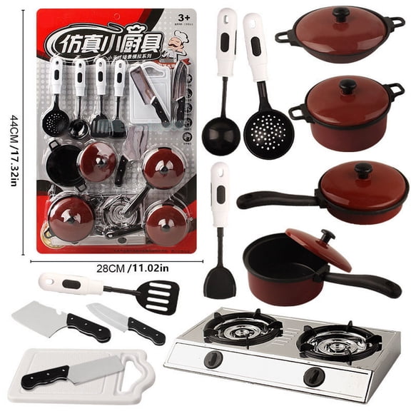 Kids Pretend Kitchen Cookware Toy Sets, Double Burner Stove with Lidded Pots Pans Knives Utensils Cutting Board, Chef Cooking Role Play Toys for Toddlers Boys Girls Birthday Gifts