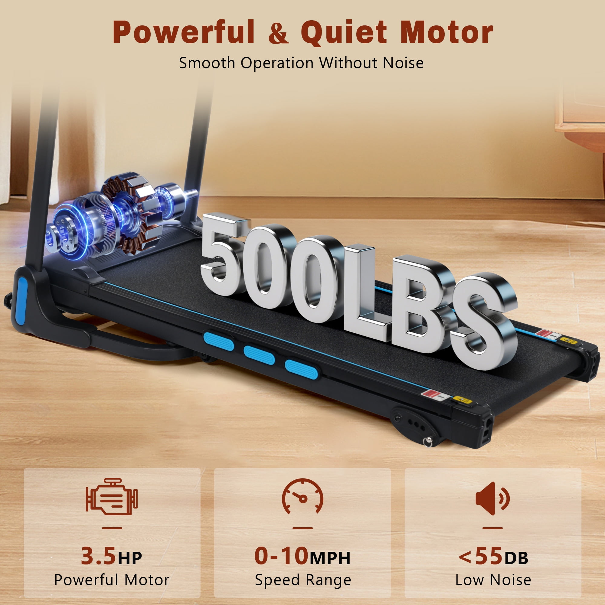 VLDTDRDI 500LBS 3.5HP Folding Treadmill with Auto-Folding,10Mph Electric Treadmill with Incline,3-Screens Display,Bluetooth Speaker,Device Holder and Pulse Sensor,Running Walking Exercise Machine