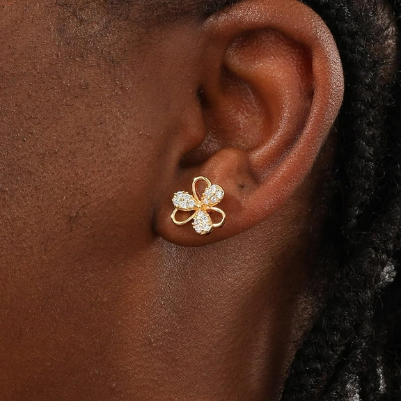 Real 18K Gold Plated Elegant Clover Brass Stud Earrings with Clear Cubic Zirconia Golden
