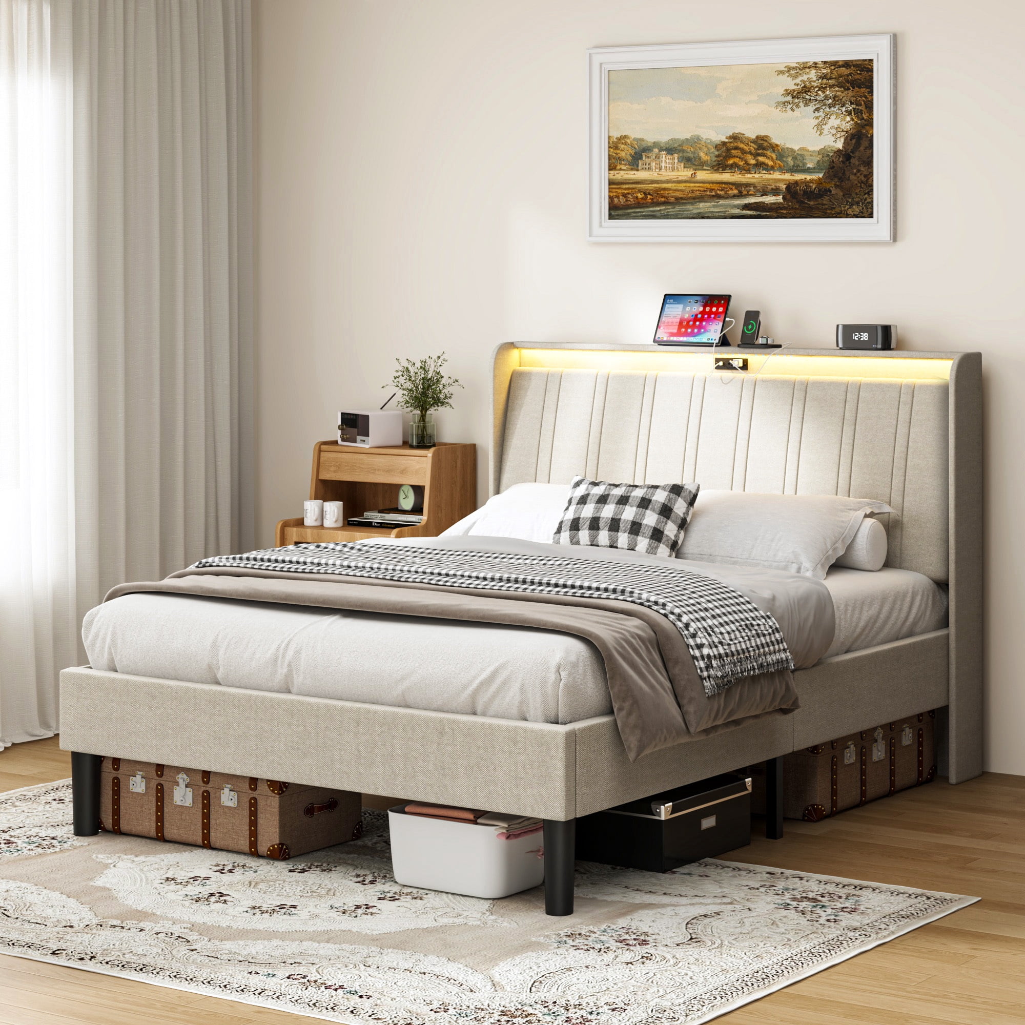 Full Size Upholstered Bed Frame with LED Lights, Platform Bed Frame with Fabric Upholstered Headboard, Beige