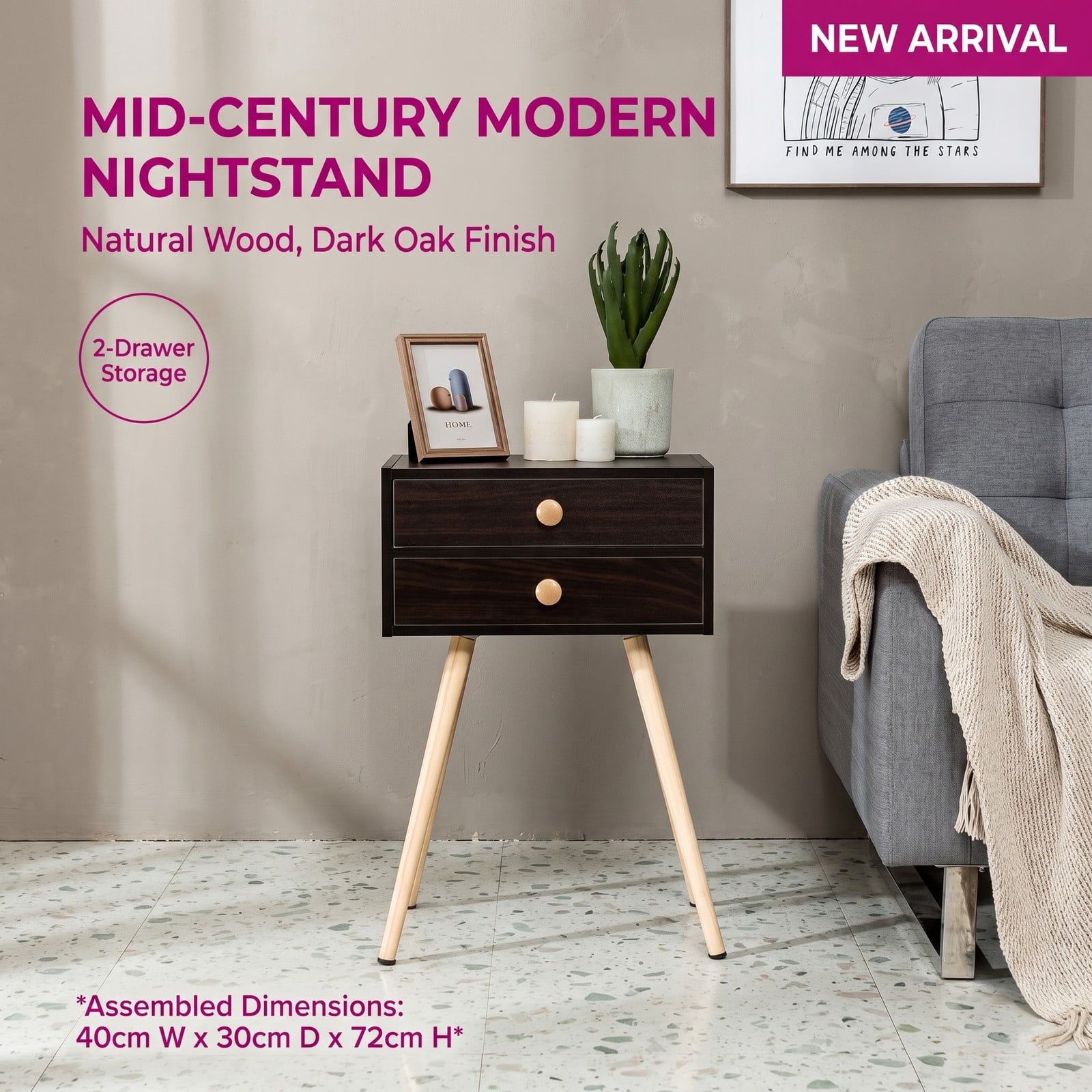 Furnibear Mid Century 2-Drawer Nightstand with Angled Solid Wood Legs and Anti-Tipping Kit for Bedroom and Living Room, Espresso