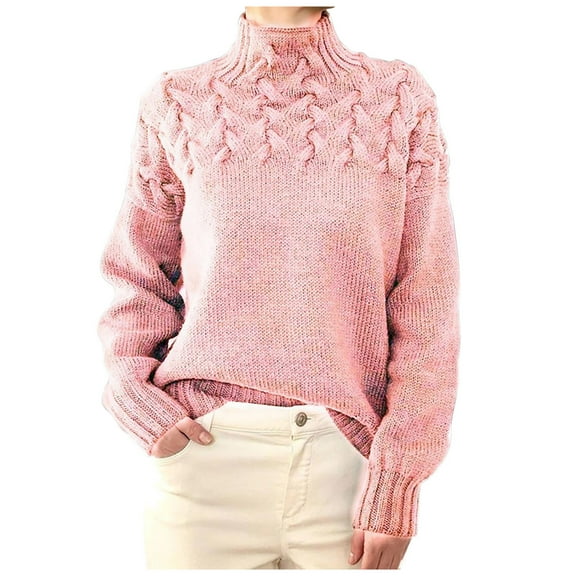 Htigea High Neck Sweaters for Women Solid Cable Knit Jumpers Fall Winter Casual Loose Fit Pullover Tops Pink S