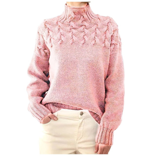 FAIWAD Women's Sweaters Turtleneck Long Sleeve Ribbed Cable Knit Solid Color Baggy Pullover Tops