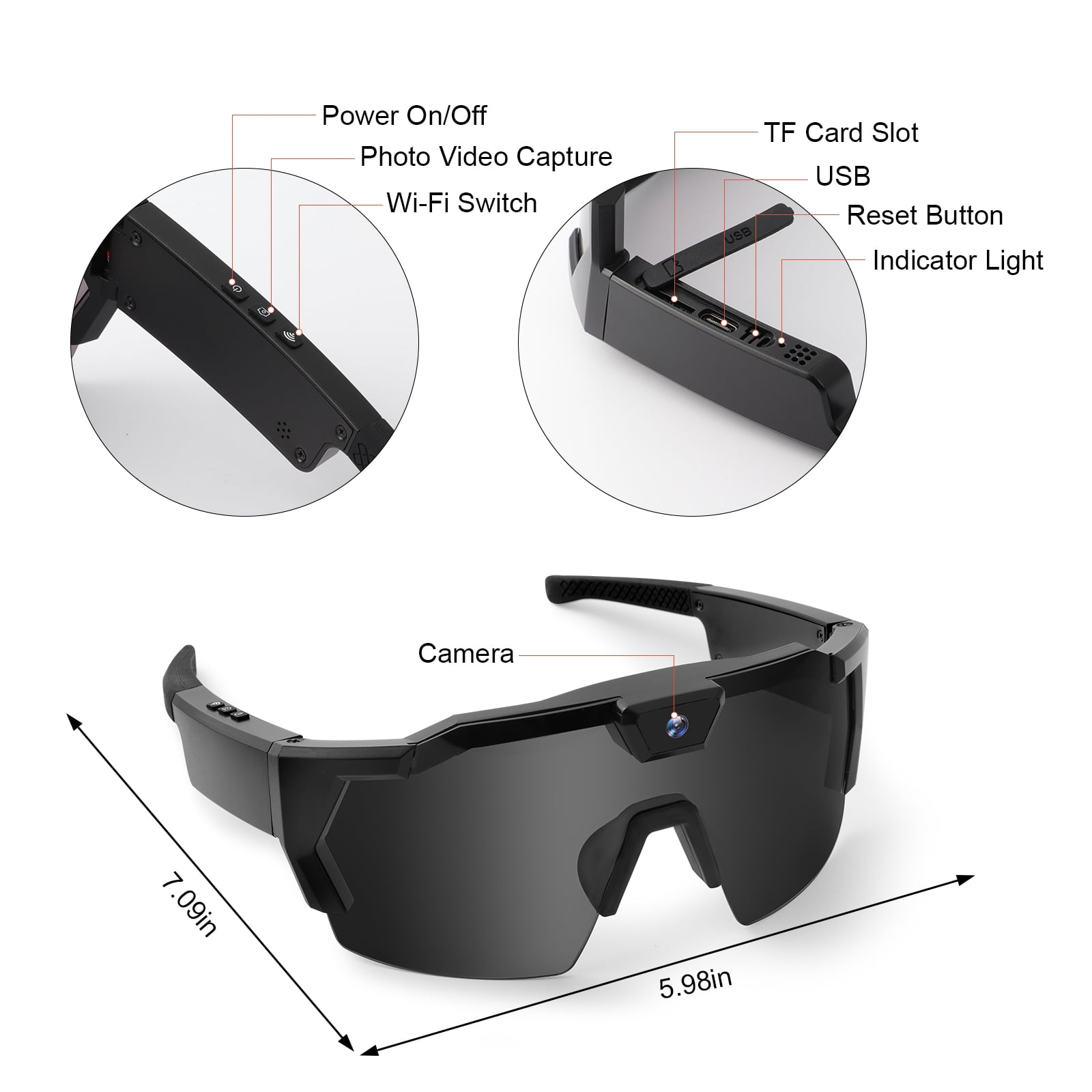 Outdoor Sports Camera Glasses, HD 1080P Video Recording with Anti-Glare Polarized Lens, Wi-Fi Real-Time Preview & Social Media Share, Loop Recording, for Cycling Hiking Water Sports