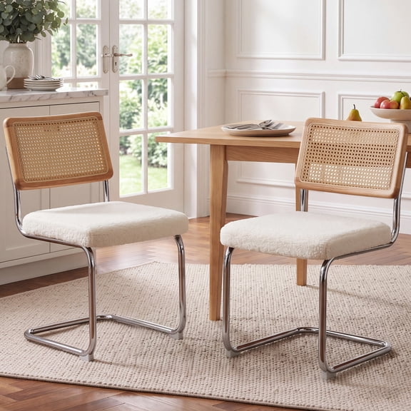 LOGYAT Modern Dining Chairs Set of 2, Rattan Cane Back Kitchen Chair with Chrome Metal Base, Mid Century Dinning Room Chairs, Upholstered Boucle Seat, White