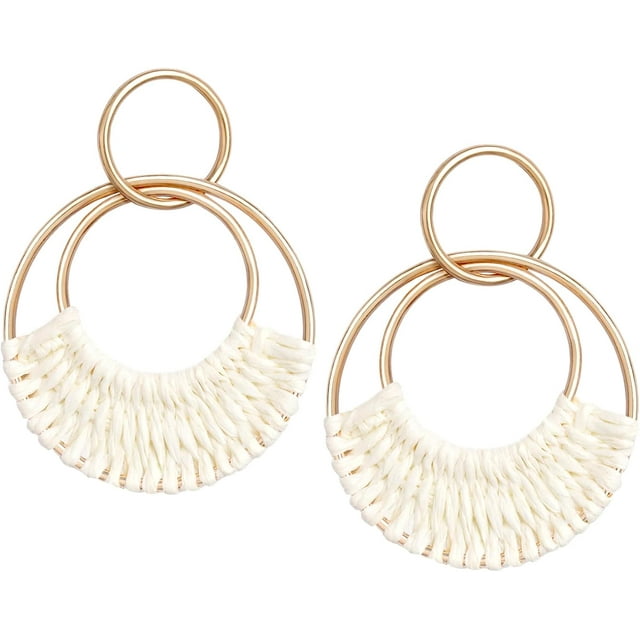 Raffia Hoop Earrings for Women Girls Fun Boho Summer Beach Earrings Lightweight Handmade Straw Wicker Rattan Dangle Earrings Statement Geometric Round Drop Earrings